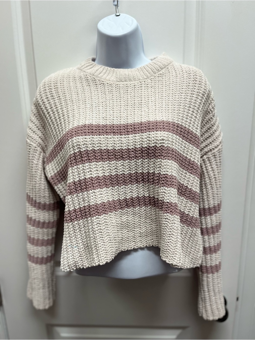 Pink Rose Striped Chenille Chunky Knit Cropped Sweater S Cream Mauve Cozy